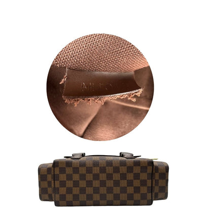 Borsa Louis Vuitton in canvas Damier Ébène con finiture in pelle marrone e dettagli hardware dorati. Design elegante e funzionale, di lusso, originale