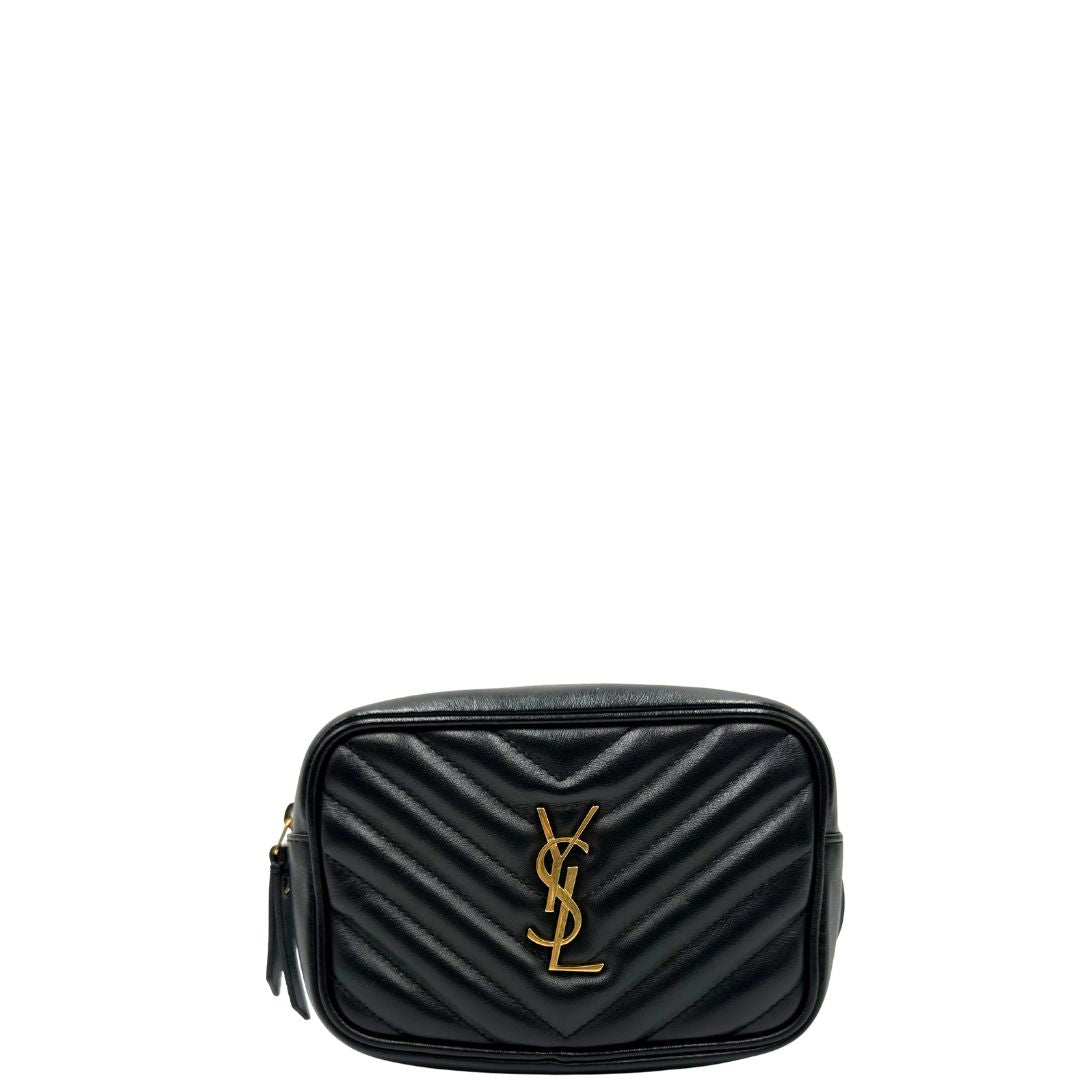 front Marsupio Saint Laurent in pelle nera trapuntata con parti metalliche dorate, di lusso, originale, ottime condizioni, usata