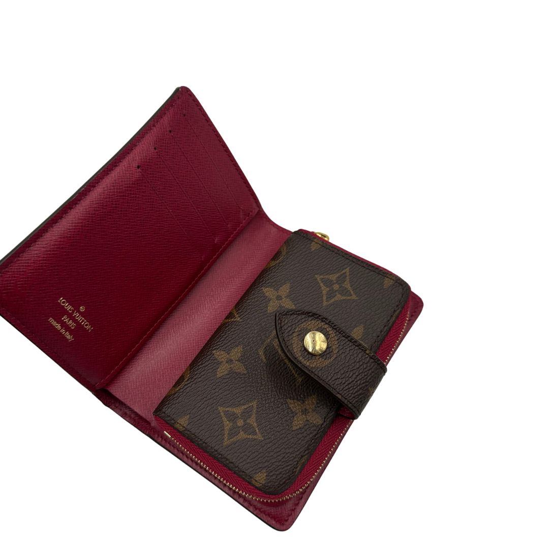  Portafoglio Louis Vuitton Juliette in canvas marrone monogram con finiture in pelle rosso amaranto, di lusso, originale, eccellenti condizioni, usato.