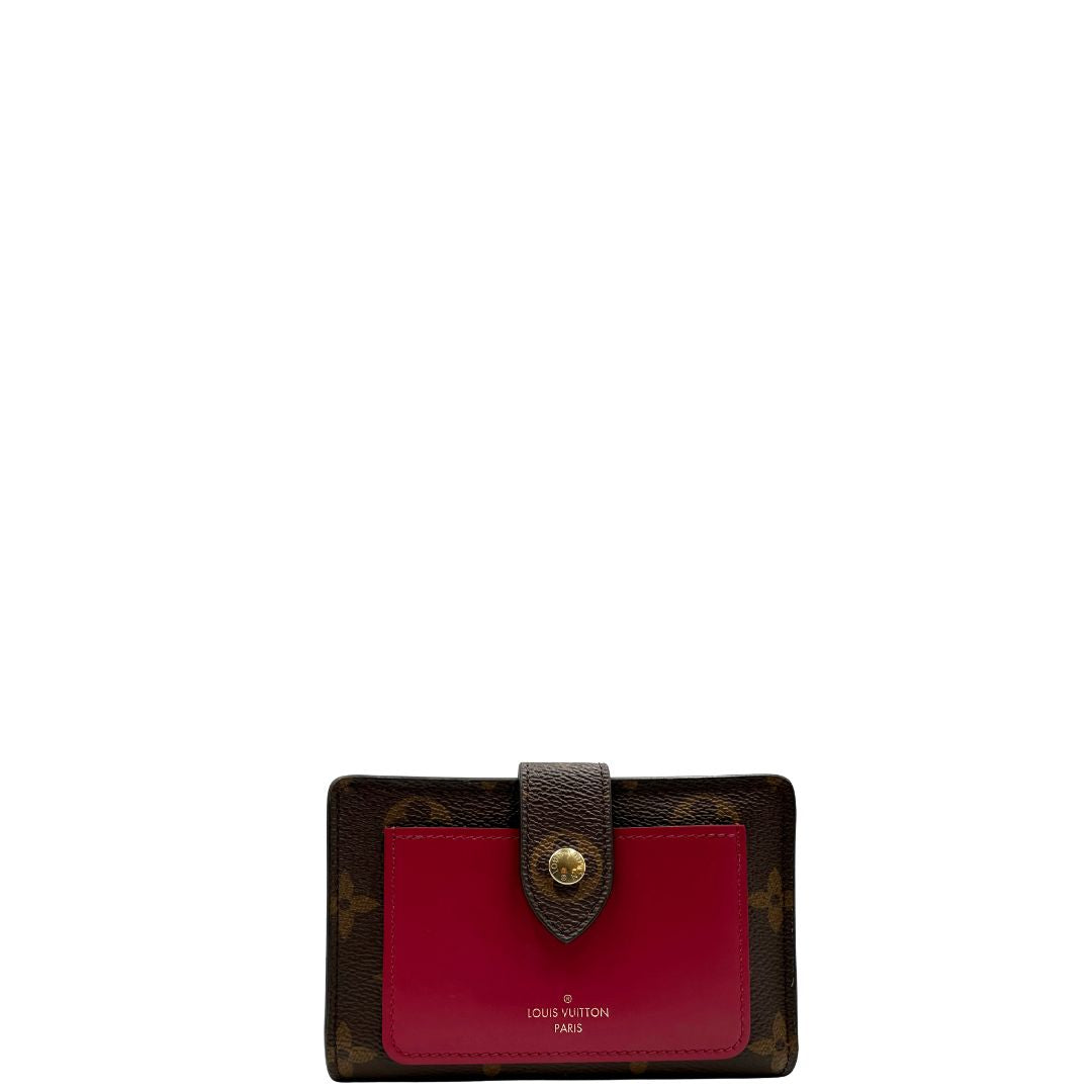 front  Portafoglio Louis Vuitton Juliette in canvas marrone monogram con finiture in pelle rosso amaranto, di lusso, originale, eccellenti condizioni, usato.