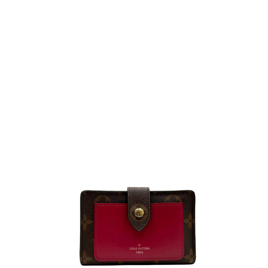 front  Portafoglio Louis Vuitton Juliette in canvas marrone monogram con finiture in pelle rosso amaranto, di lusso, originale, eccellenti condizioni, usato.