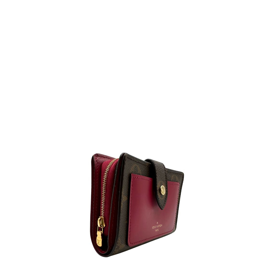  Portafoglio Louis Vuitton Juliette in canvas marrone monogram con finiture in pelle rosso amaranto, di lusso, originale, eccellenti condizioni, usato.