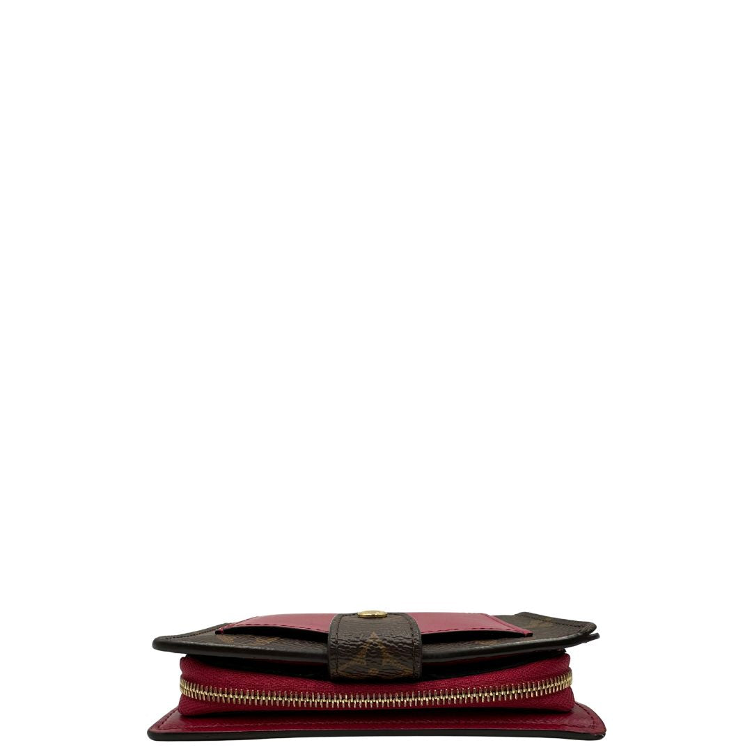  Portafoglio Louis Vuitton Juliette in canvas marrone monogram con finiture in pelle rosso amaranto, di lusso, originale, eccellenti condizioni, usato.