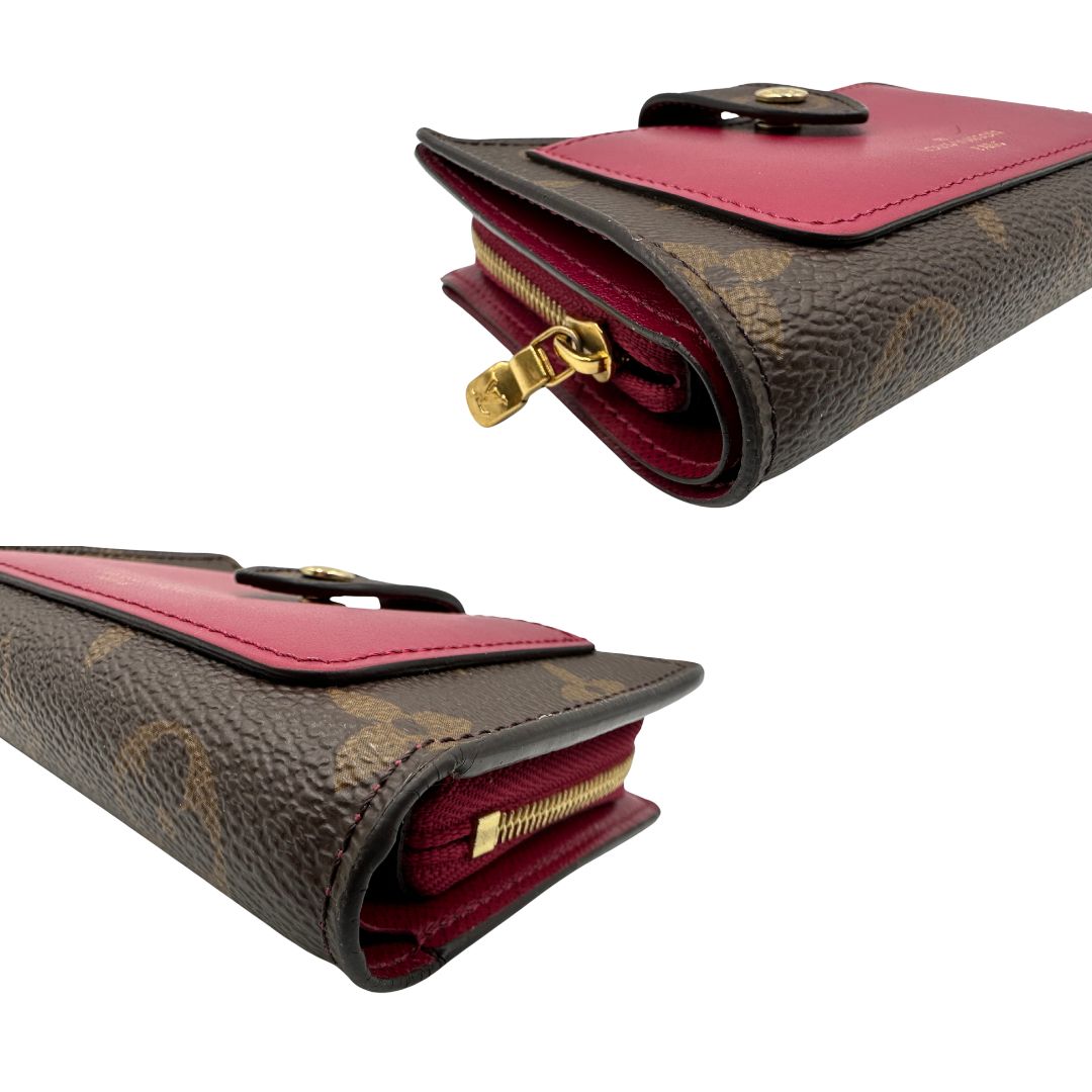  Portafoglio Louis Vuitton Juliette in canvas marrone monogram con finiture in pelle rosso amaranto, di lusso, originale, eccellenti condizioni, usato.