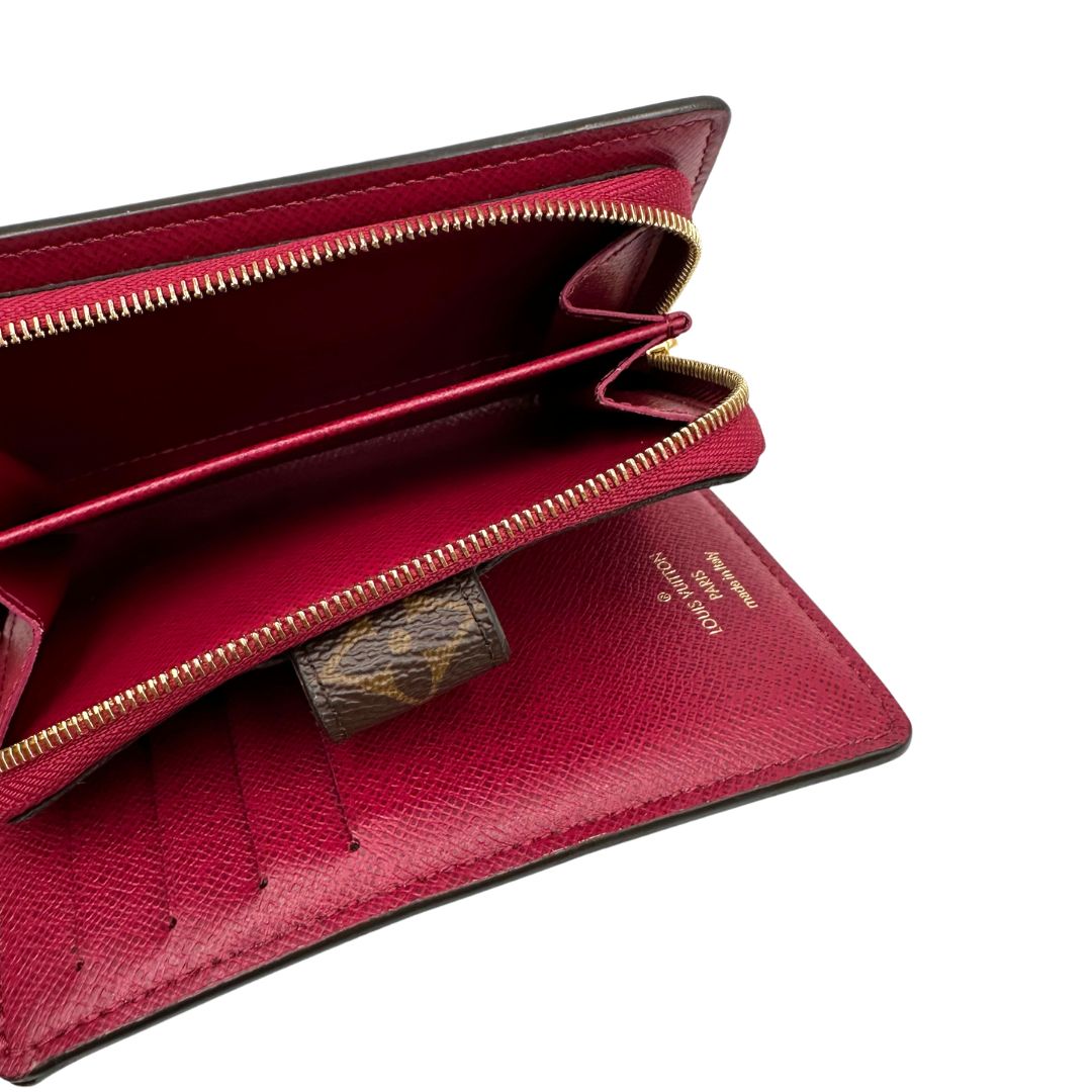  Portafoglio Louis Vuitton Juliette in canvas marrone monogram con finiture in pelle rosso amaranto, di lusso, originale, eccellenti condizioni, usato.