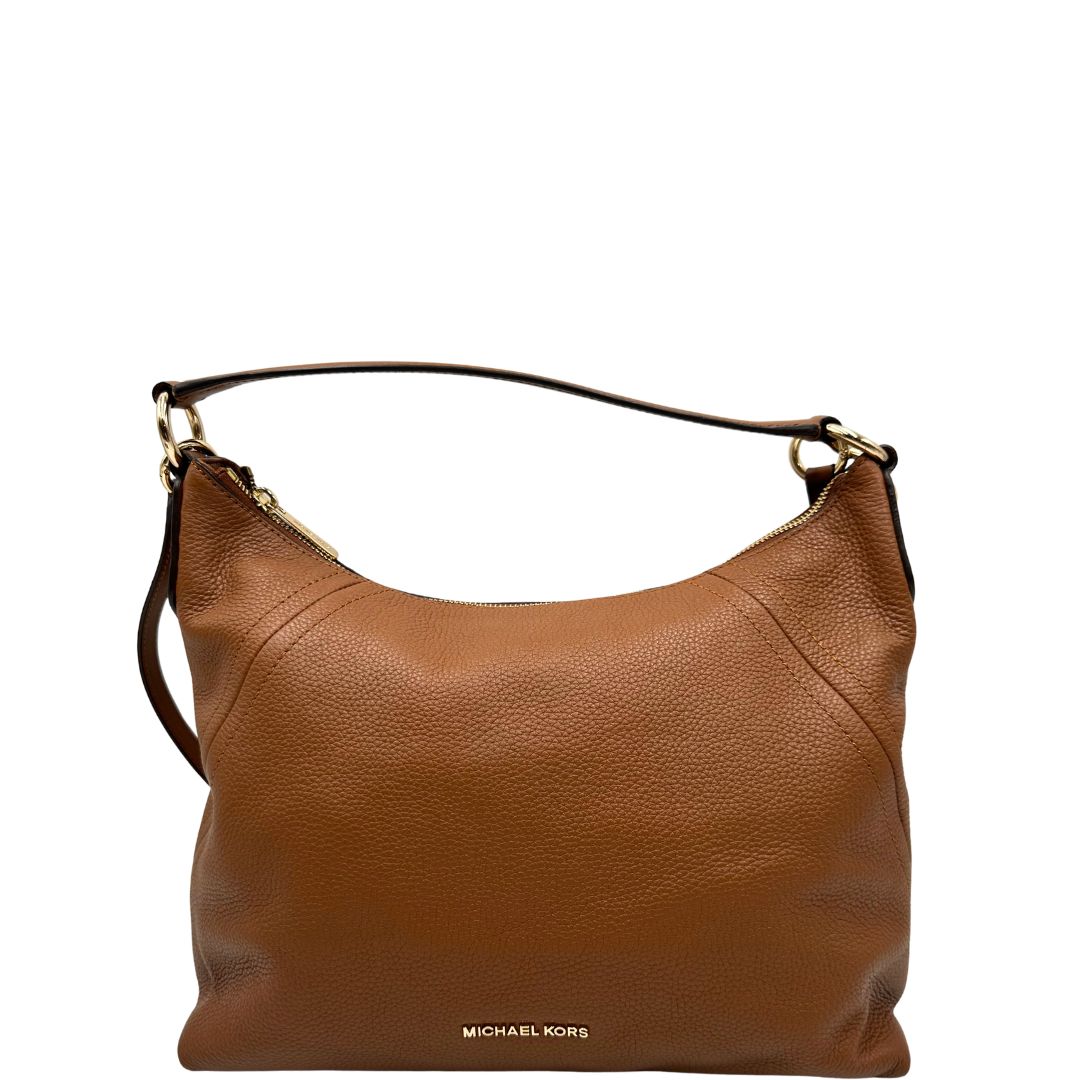 front Borsa Michael Kors in pelle martellata color cammello e hardware dorato, di lusso, originale, ottime condizioni, usata. 