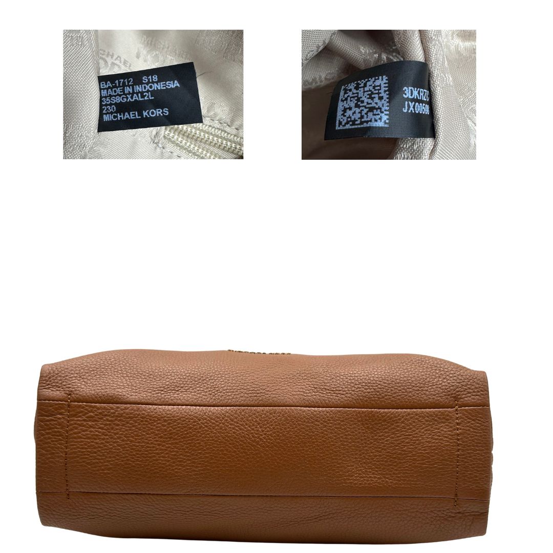 base Borsa Michael Kors in pelle martellata color cammello e hardware dorato, di lusso, originale, ottime condizioni, usata. 