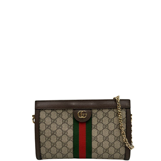 Front, Borsa Gucci Ophidia GG beige con finiture in pelle marrone, con iconica striscia Web verde e rossa sul front. Indossabile a tracolla. Originale, usata, di lusso, in ottime condizioni.