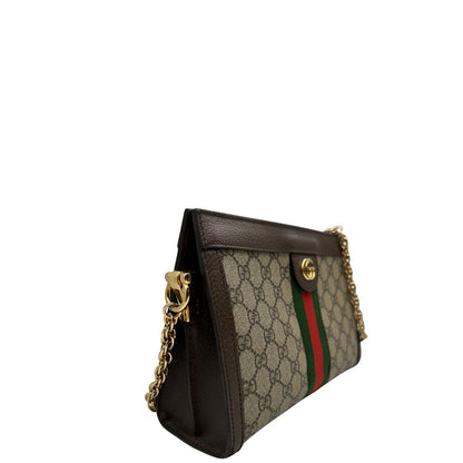 Laterale, Borsa Gucci Ophidia GG beige con finiture in pelle marrone, con iconica striscia Web verde e rossa sul front. Indossabile a tracolla. Originale, usata, di lusso, in ottime condizioni.