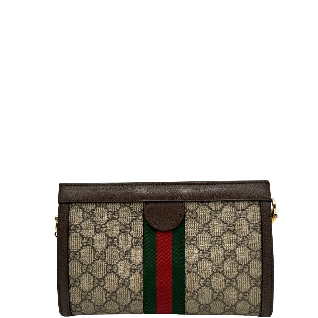 Retro, Borsa Gucci Ophidia GG beige con finiture in pelle marrone, con iconica striscia Web verde e rossa sul front. Indossabile a tracolla. Originale, usata, di lusso, in ottime condizioni.