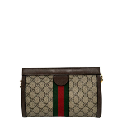 Retro, Borsa Gucci Ophidia GG beige con finiture in pelle marrone, con iconica striscia Web verde e rossa sul front. Indossabile a tracolla. Originale, usata, di lusso, in ottime condizioni.