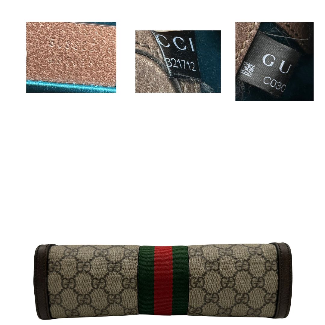 Base e codice,  Borsa Gucci Ophidia GG beige con finiture in pelle marrone, con iconica striscia Web verde e rossa sul front. Indossabile a tracolla. Originale, usata, di lusso, in ottime condizioni.