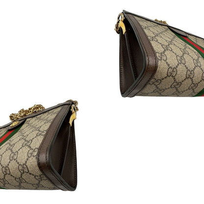 Angoli, Front, Borsa Gucci Ophidia GG beige con finiture in pelle marrone, con iconica striscia Web verde e rossa sul front. Indossabile a tracolla. Originale, usata, di lusso, in ottime condizioni.