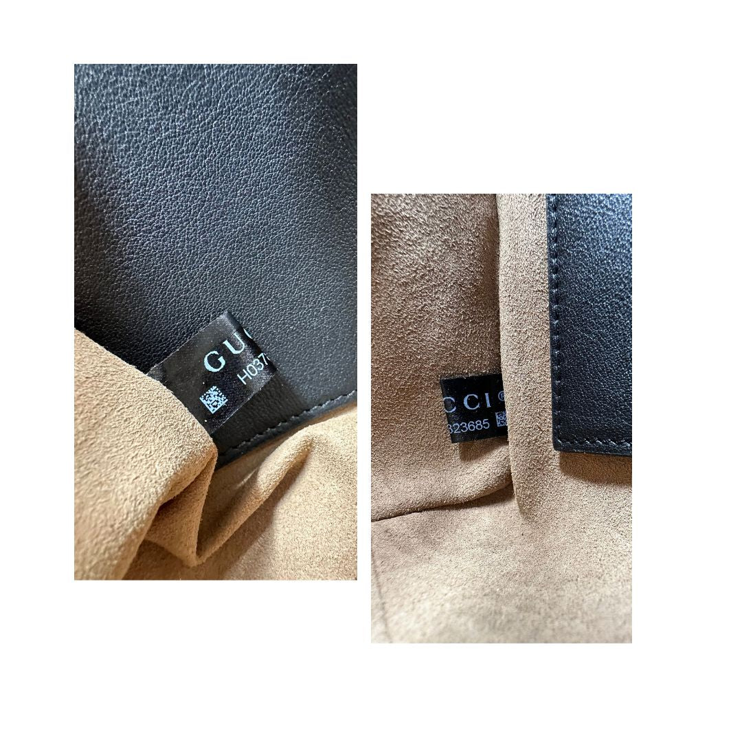 Borsa Gucci in canvas GG monogram con finiture in pelle nera e parti metalliche dorate; munita di doppi manici in catena con spallacci in pelle. Originale, usata, di lusso, in condizioni eccellenti.