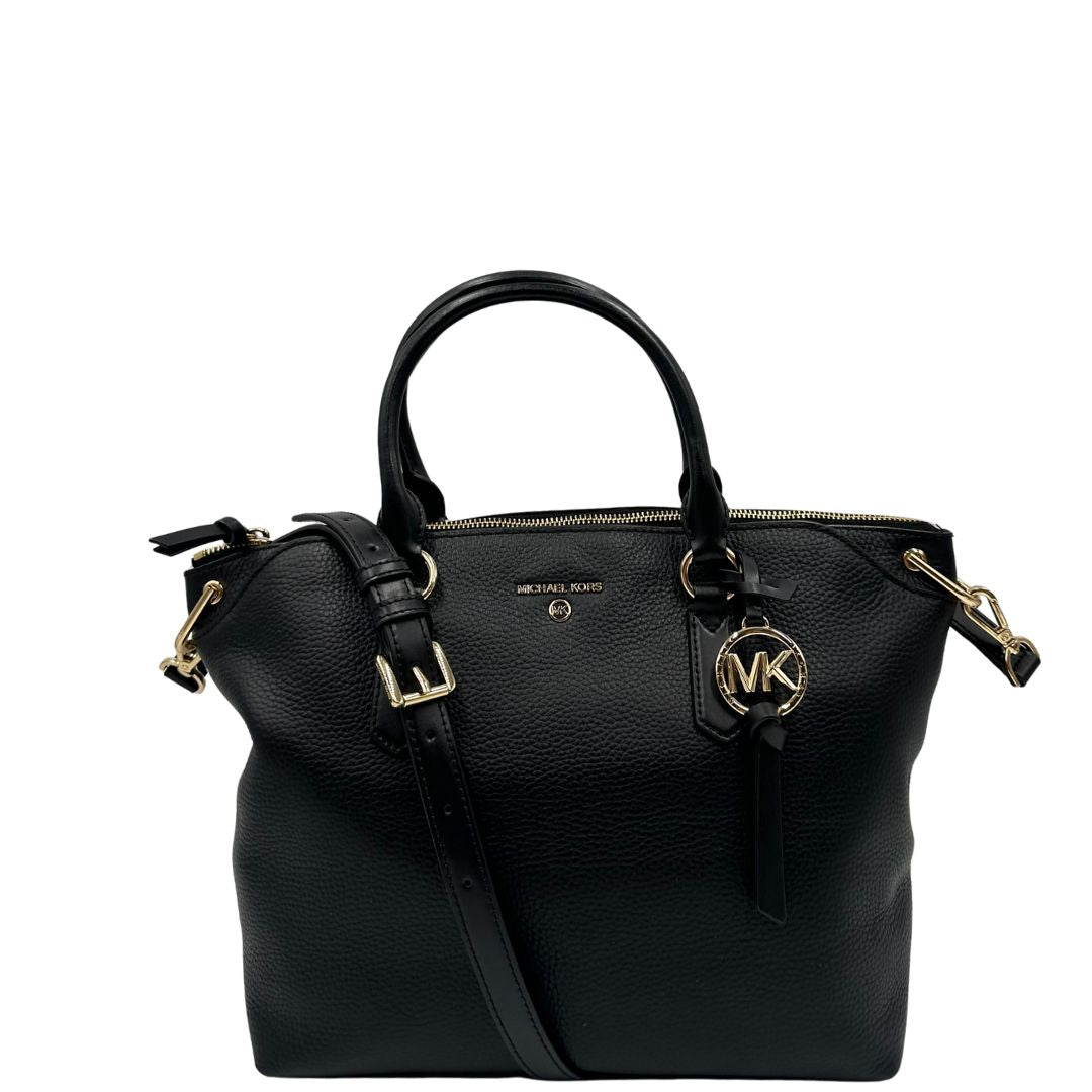 front  Borsa MK in pelle martellata nera, munita di una tracolla e doppi manici, di lusso, originale, ottime condizioni