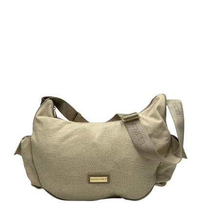 Front, Borsa Borbonese in tessuto poliestere color beige trama occhio di pernice, morbida e capiente, presenta una tracolla regolabile, pratiche tasche laterali e dettagli metallici color oro.
