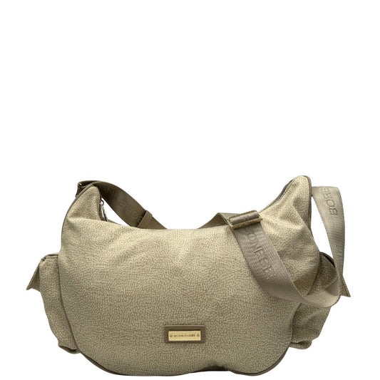 Front, Borsa Borbonese in tessuto poliestere color beige trama occhio di pernice, morbida e capiente, presenta una tracolla regolabile, pratiche tasche laterali e dettagli metallici color oro.