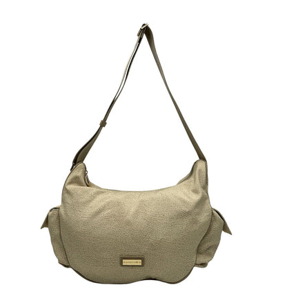 Front, Borsa Borbonese in tessuto poliestere color beige trama occhio di pernice, morbida e capiente, presenta una tracolla regolabile, pratiche tasche laterali e dettagli metallici color oro.