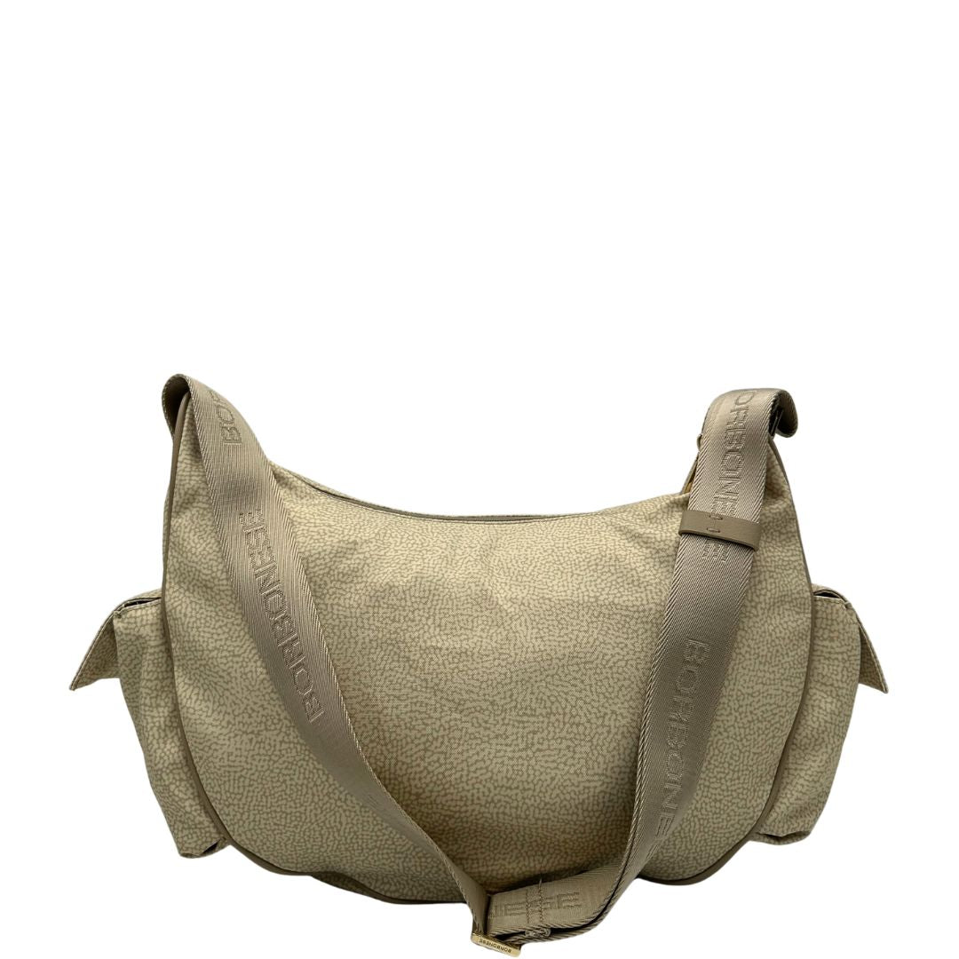 Retro, Borsa Borbonese in tessuto poliestere color beige trama occhio di pernice, morbida e capiente, presenta una tracolla regolabile, pratiche tasche laterali e dettagli metallici color oro.