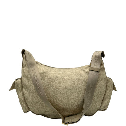 Retro, Borsa Borbonese in tessuto poliestere color beige trama occhio di pernice, morbida e capiente, presenta una tracolla regolabile, pratiche tasche laterali e dettagli metallici color oro.