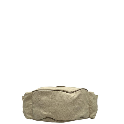 Base, Borsa Borbonese in tessuto poliestere color beige trama occhio di pernice, morbida e capiente, presenta una tracolla regolabile, pratiche tasche laterali e dettagli metallici color oro.