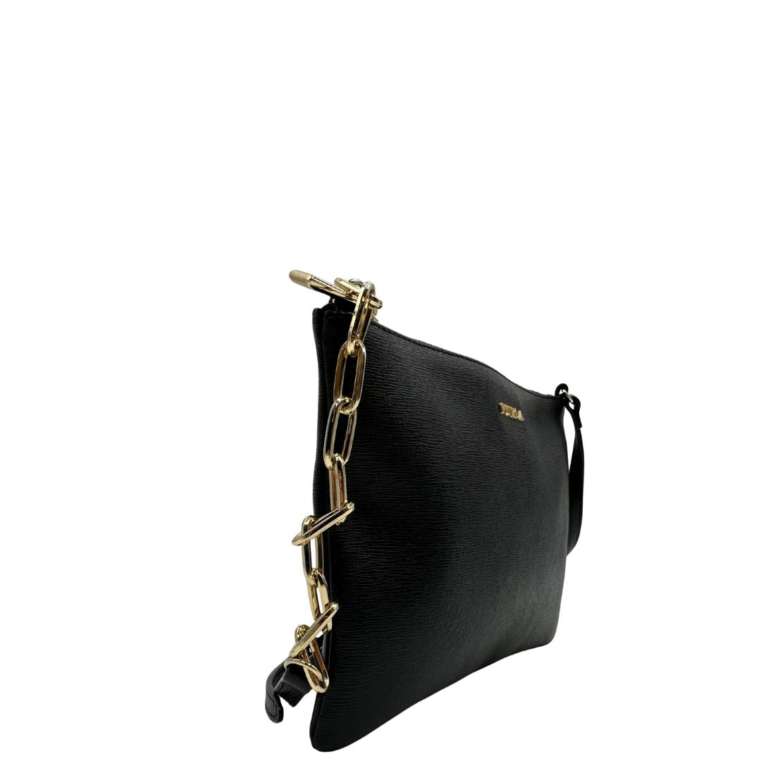 lato  Borsa Furla in pelle nera, munita di una tracolla regolabile, di lusso, originale, ottime condizioni, usata