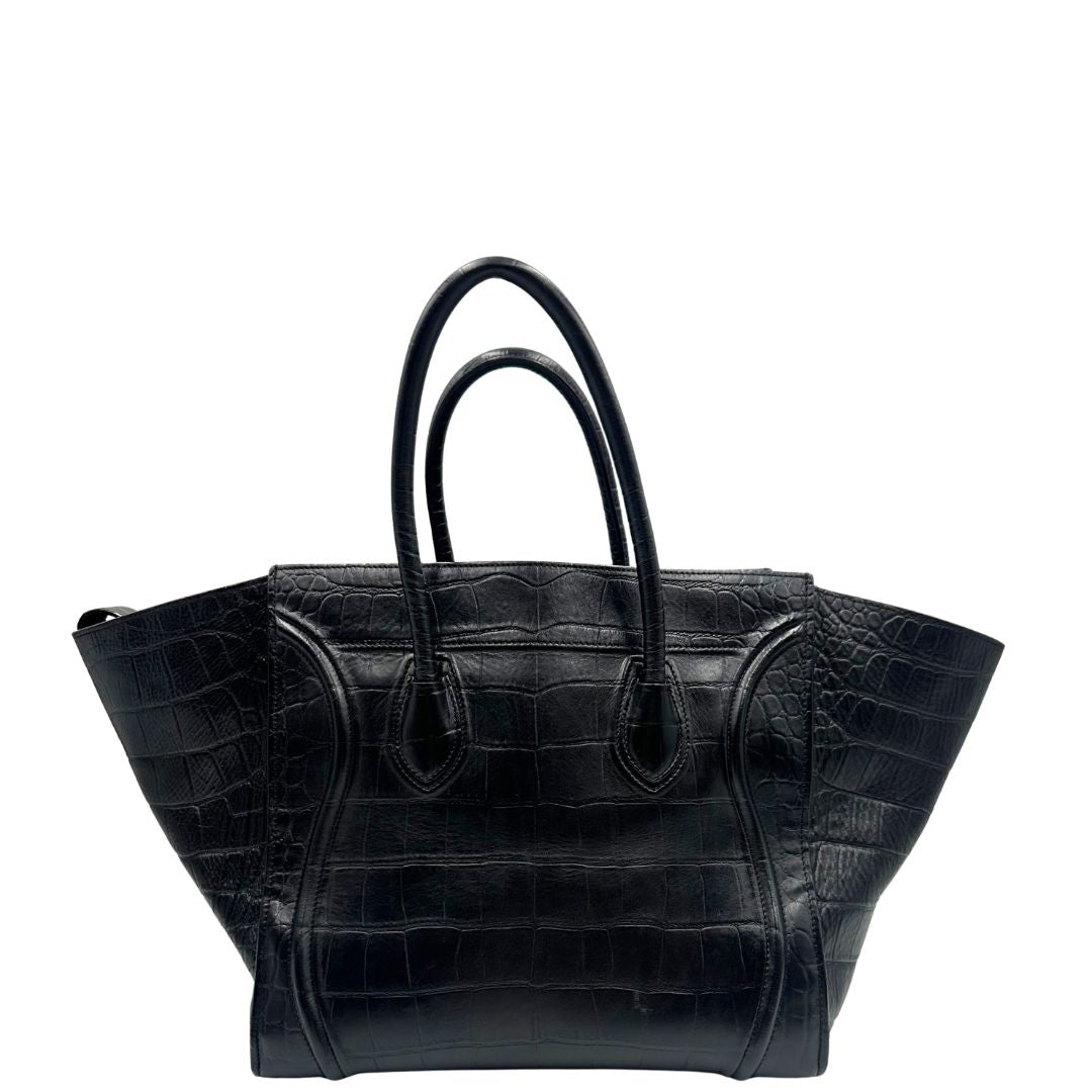 retro Borsa Celine Luggage Phantom in pelle nera trama cocco, munita di doppi manici stondati, di lusso, originale, ottime condizioni, usata 