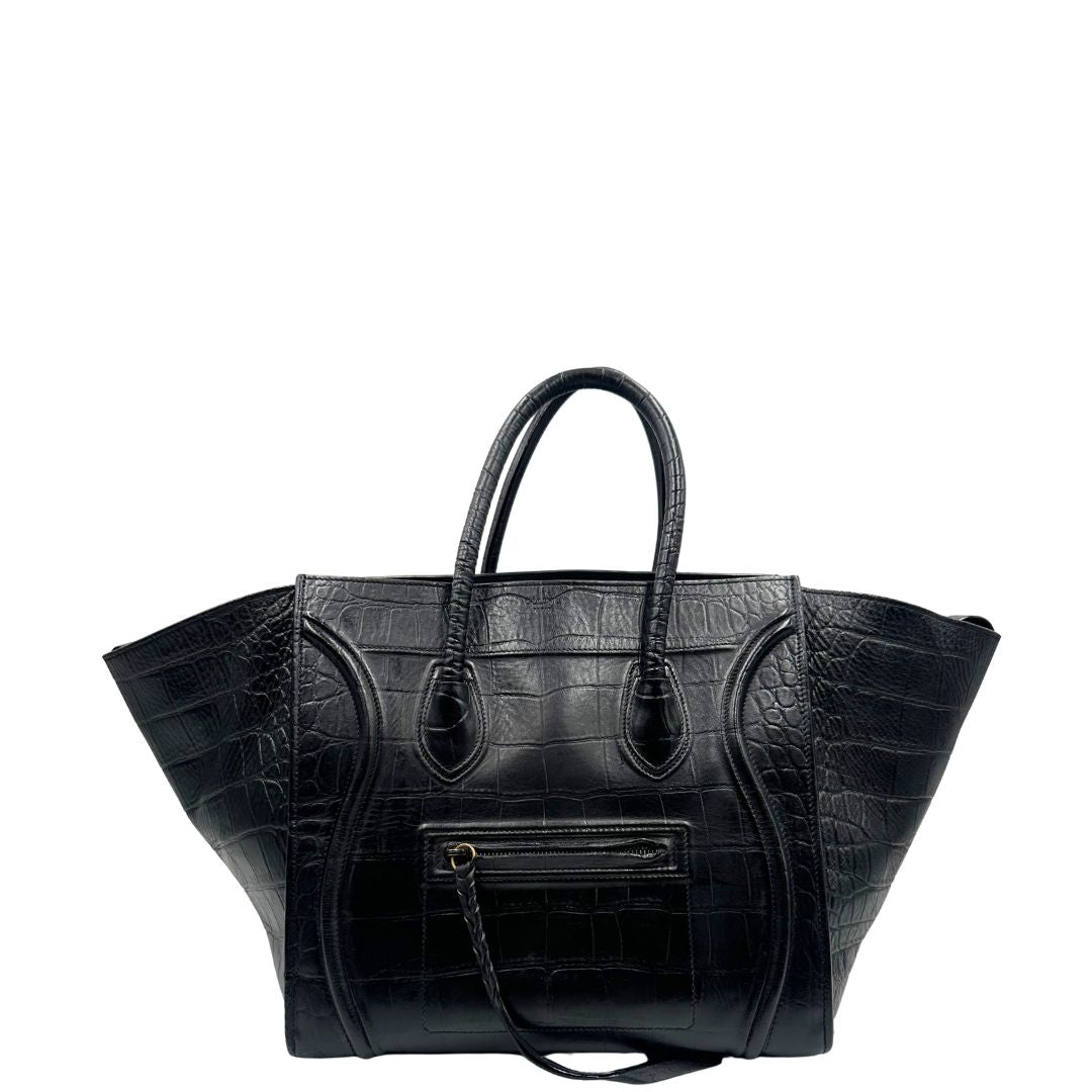 front Borsa Celine Luggage Phantom in pelle nera trama cocco, munita di doppi manici stondati, di lusso, originale, ottime condizioni, usata