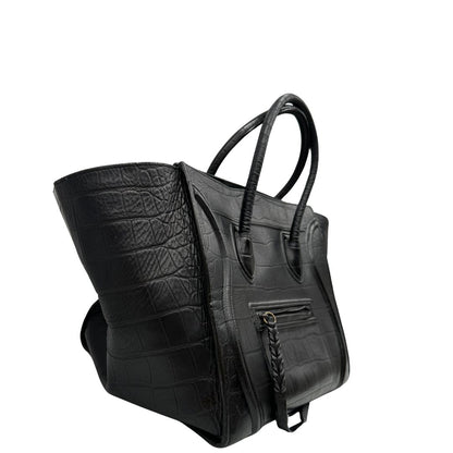 lato Borsa Celine Luggage Phantom in pelle nera trama cocco, munita di doppi manici stondati, di lusso, originale, ottime condizioni, usata 