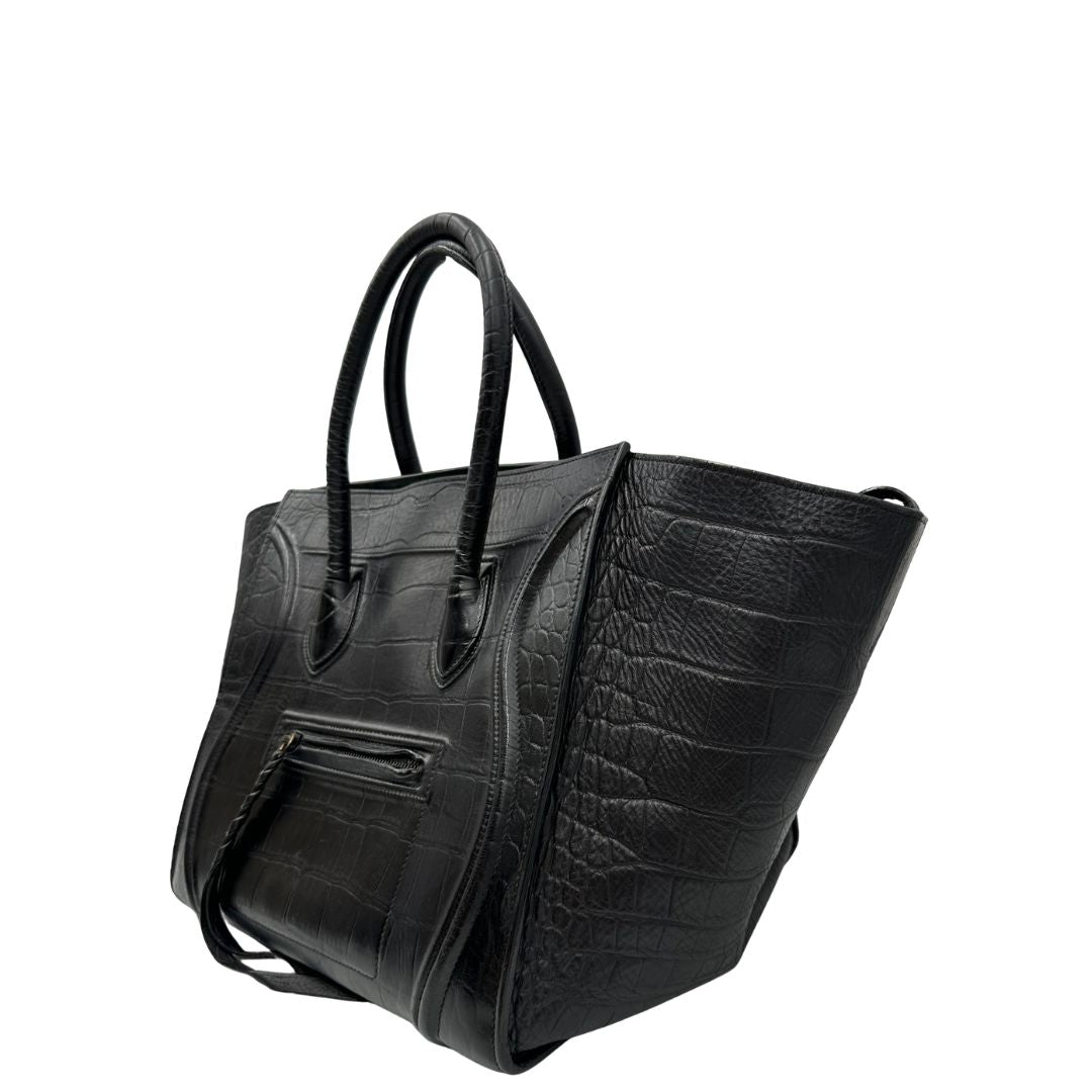 lato Borsa Celine Luggage Phantom in pelle nera trama cocco, munita di doppi manici stondati, di lusso, originale, ottime condizioni, usata 
