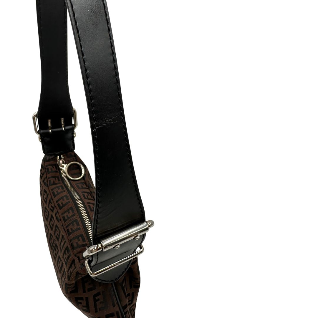 Manico, Borsa Fendi in tessuto marrone trama Zucchino con finiture in pelle nera, di lusso, originale, ottime condizioni, usata