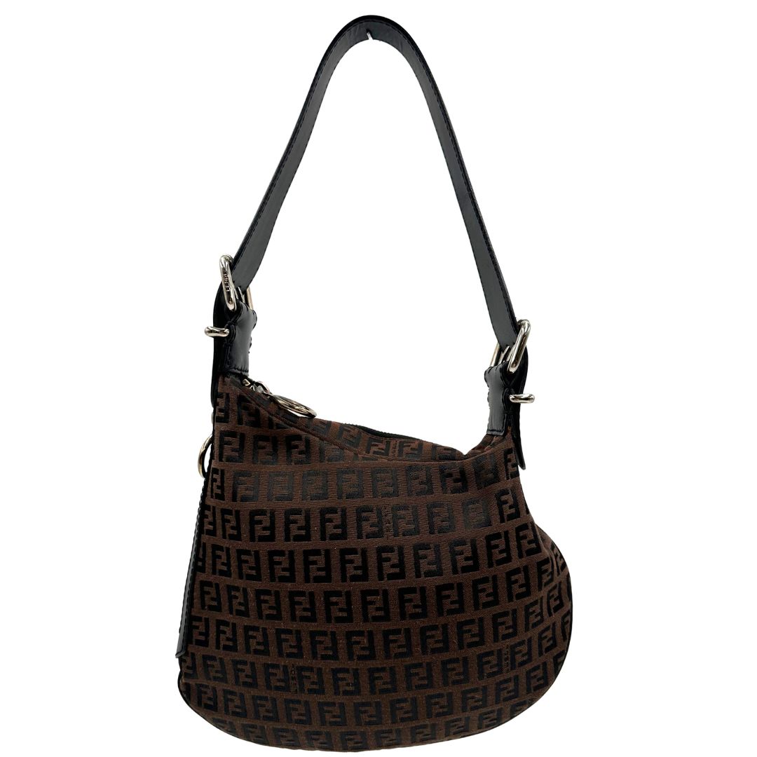 front, Borsa Fendi in tessuto marrone trama Zucchino con finiture in pelle nera, di lusso, originale, ottime condizioni, usata