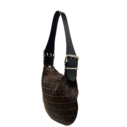 lato, Borsa Fendi in tessuto marrone trama Zucchino con finiture in pelle nera, di lusso, originale, ottime condizioni, usata