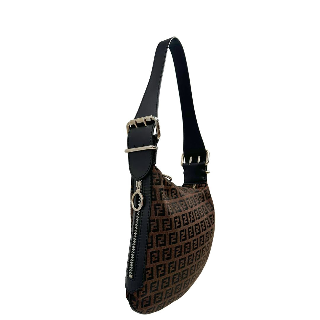 lato, Borsa Fendi in tessuto marrone trama Zucchino con finiture in pelle nera, di lusso, originale, ottime condizioni, usata