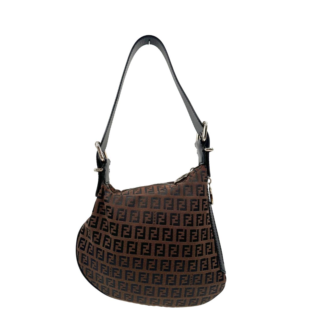 retro, Borsa Fendi in tessuto marrone trama Zucchino con finiture in pelle nera, di lusso, originale, ottime condizioni, usata
