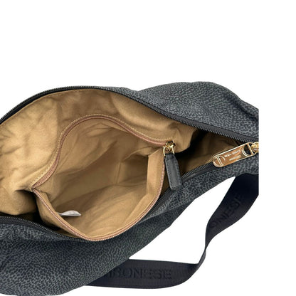 Interno tasca, Borsa Borbonese in poliestere color nero e grigio antracite trama occhio di pernice, morbida e capiente, presenta una tracolla regolabile e dettagli metallici color oro. Originale, usata, di lusso, in condizioni ottime