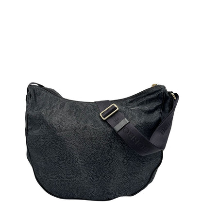 Front, Borsa Borbonese in poliestere color nero e grigio antracite trama occhio di pernice, morbida e capiente, presenta una tracolla regolabile e dettagli metallici color oro. Originale, usata, di lusso, in condizioni ottime