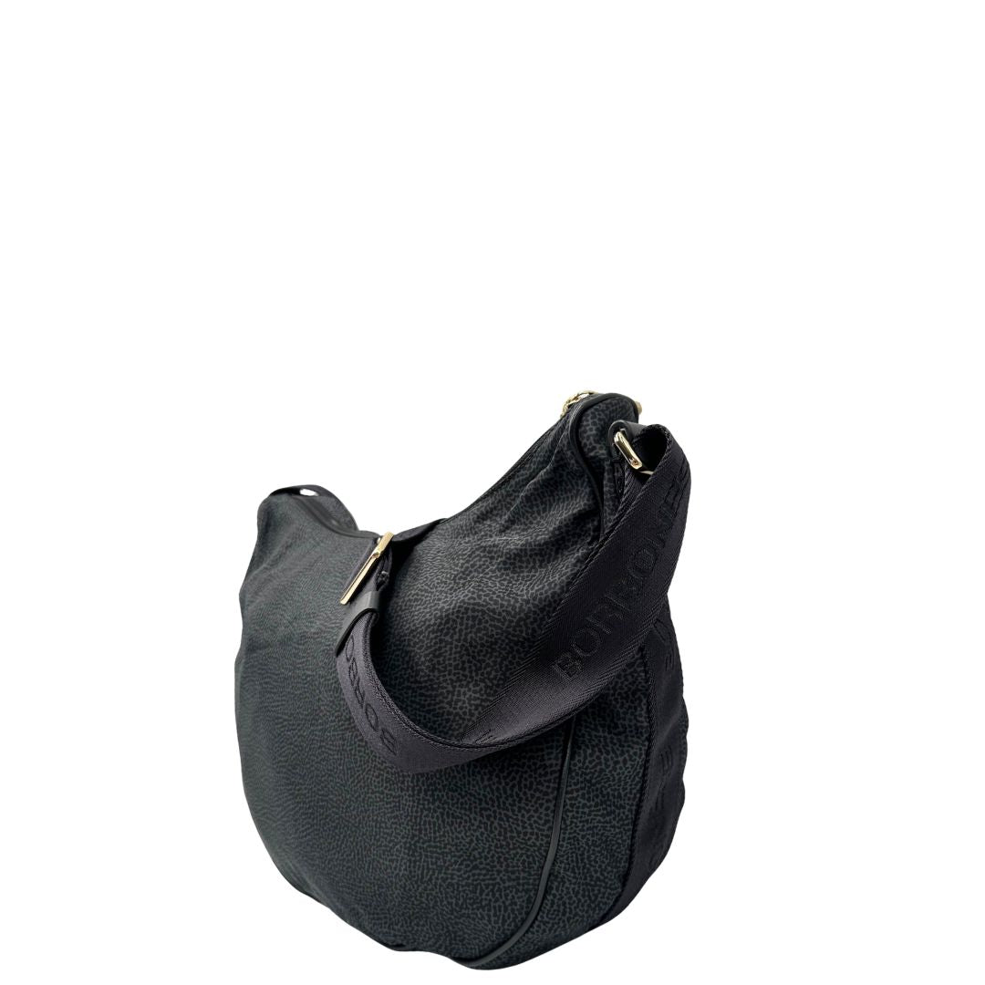 Laterale, Borsa Borbonese in poliestere color nero e grigio antracite trama occhio di pernice, morbida e capiente, presenta una tracolla regolabile e dettagli metallici color oro. Originale, usata, di lusso, in condizioni ottime
