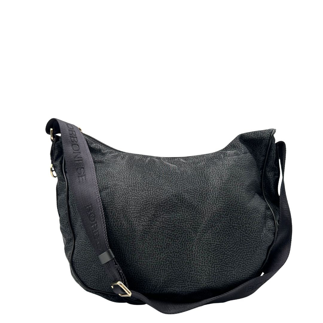 Retro, Borsa Borbonese in poliestere color nero e grigio antracite trama occhio di pernice, morbida e capiente, presenta una tracolla regolabile e dettagli metallici color oro. Originale, usata, di lusso, in condizioni ottime