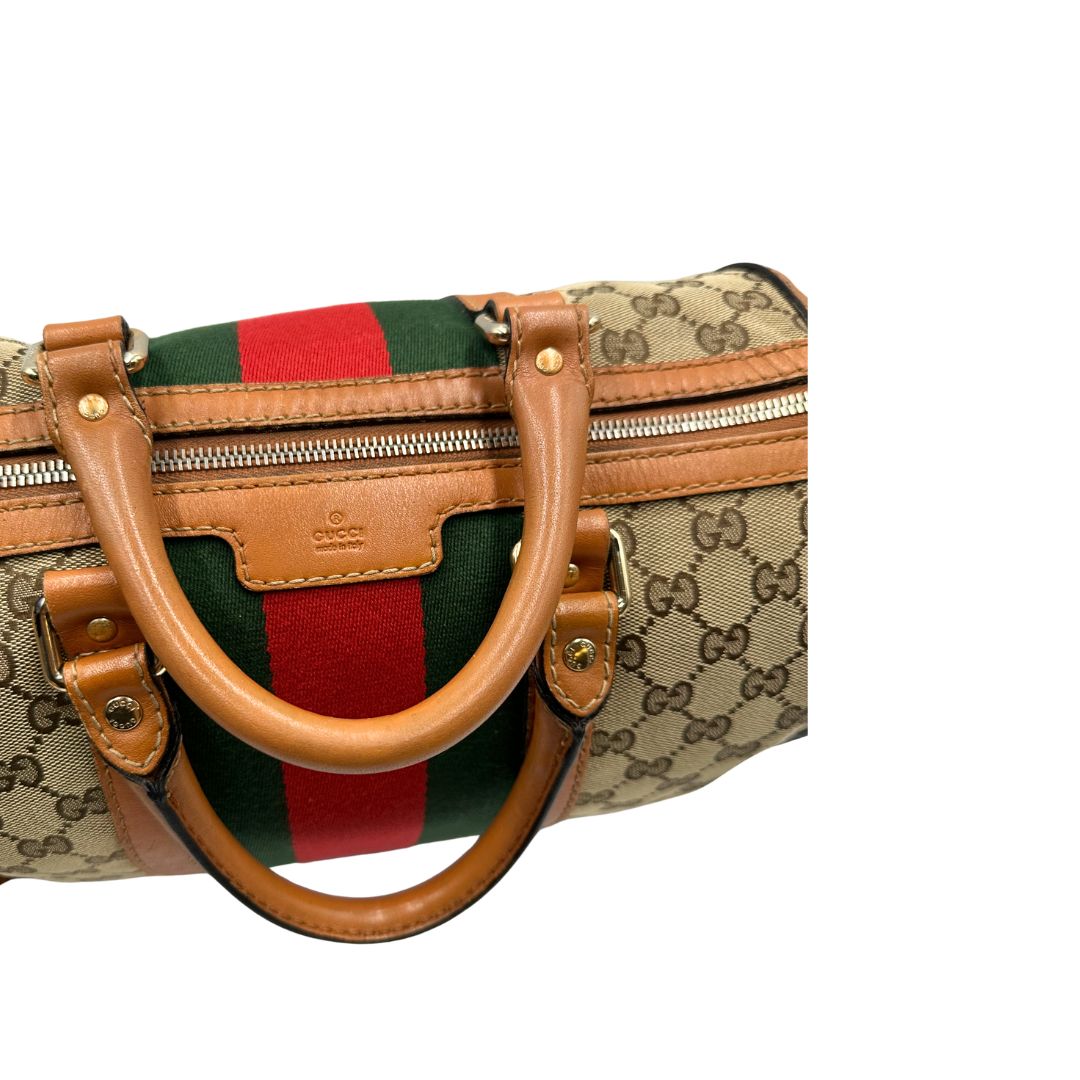 Bauletto Gucci Boston trama GG, impreziosito da striscia Web verde e rossa, di lusso, originale, discrete condizioni, usato