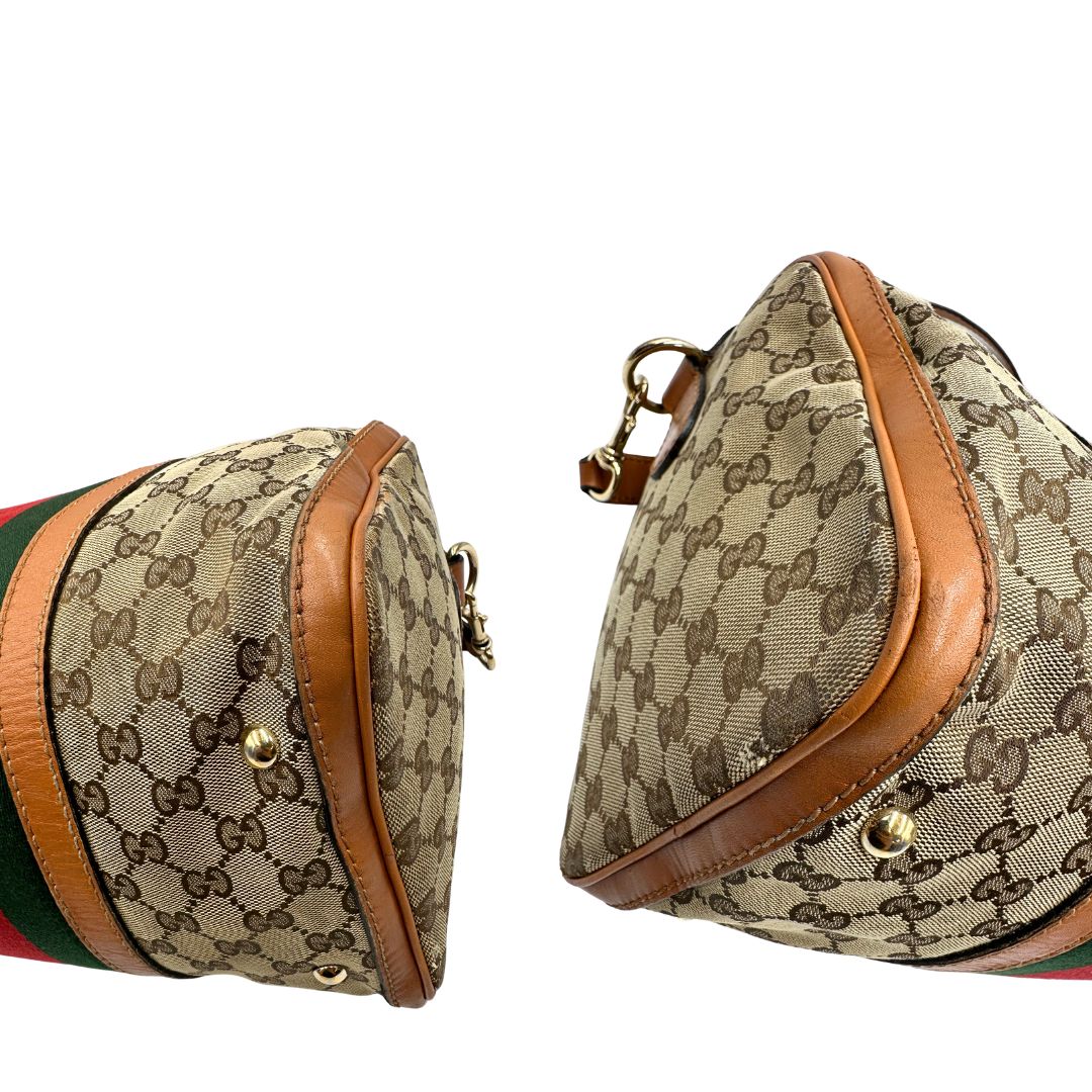 Bauletto Gucci Boston trama GG, impreziosito da striscia Web verde e rossa, di lusso, originale, discrete condizioni, usato