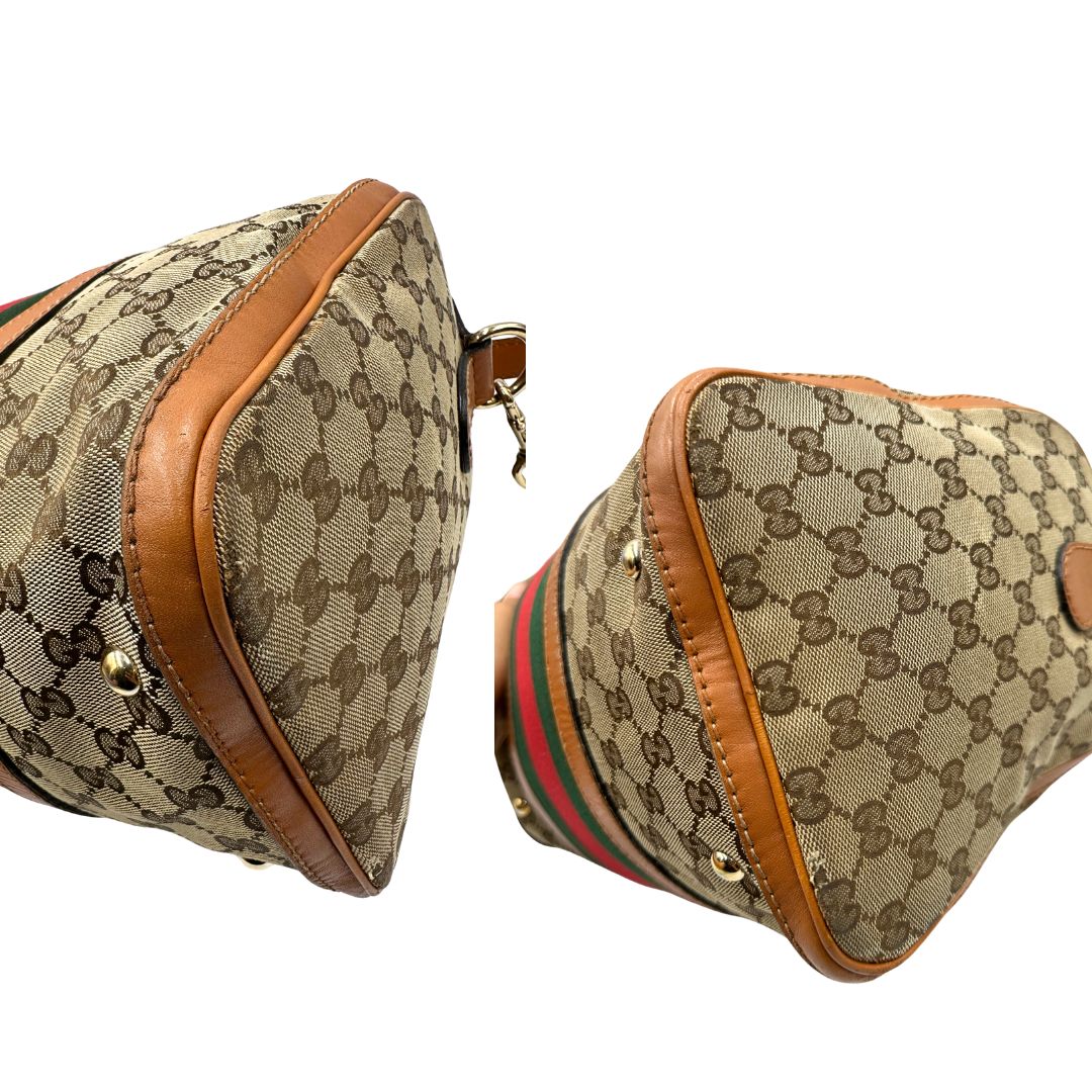 Bauletto Gucci Boston trama GG, impreziosito da striscia Web verde e rossa, di lusso, originale, discrete condizioni, usato