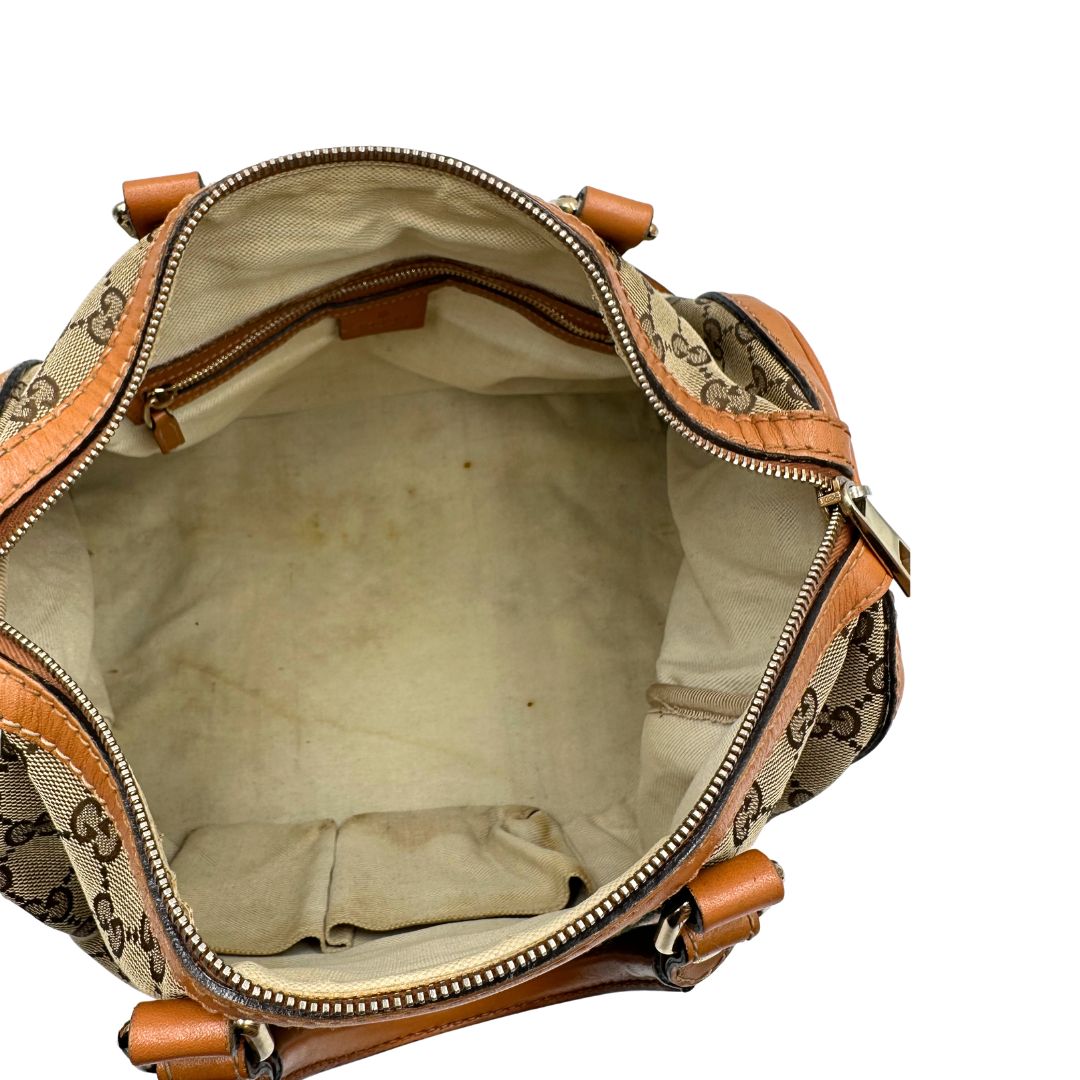 Bauletto Gucci Boston trama GG, impreziosito da striscia Web verde e rossa, di lusso, originale, discrete condizioni, usato