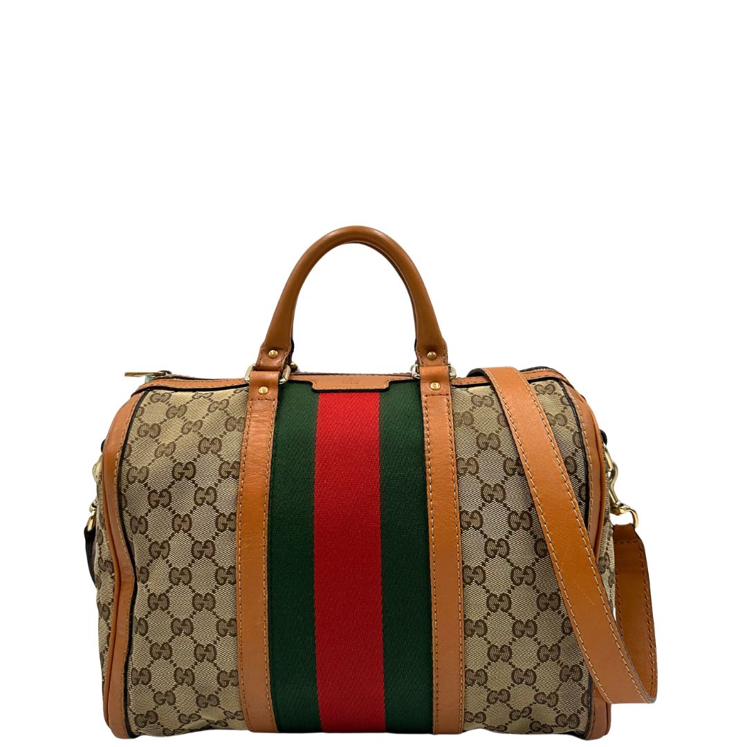 Bauletto Gucci Boston trama GG, impreziosito da striscia Web verde e rossa, di lusso, originale, discrete condizioni, usato