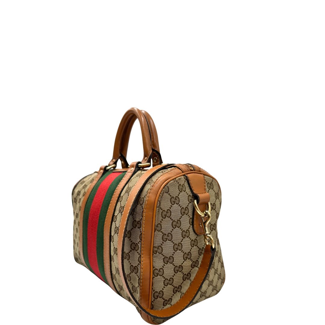 Bauletto Gucci Boston trama GG, impreziosito da striscia Web verde e rossa, di lusso, originale, discrete condizioni, usato