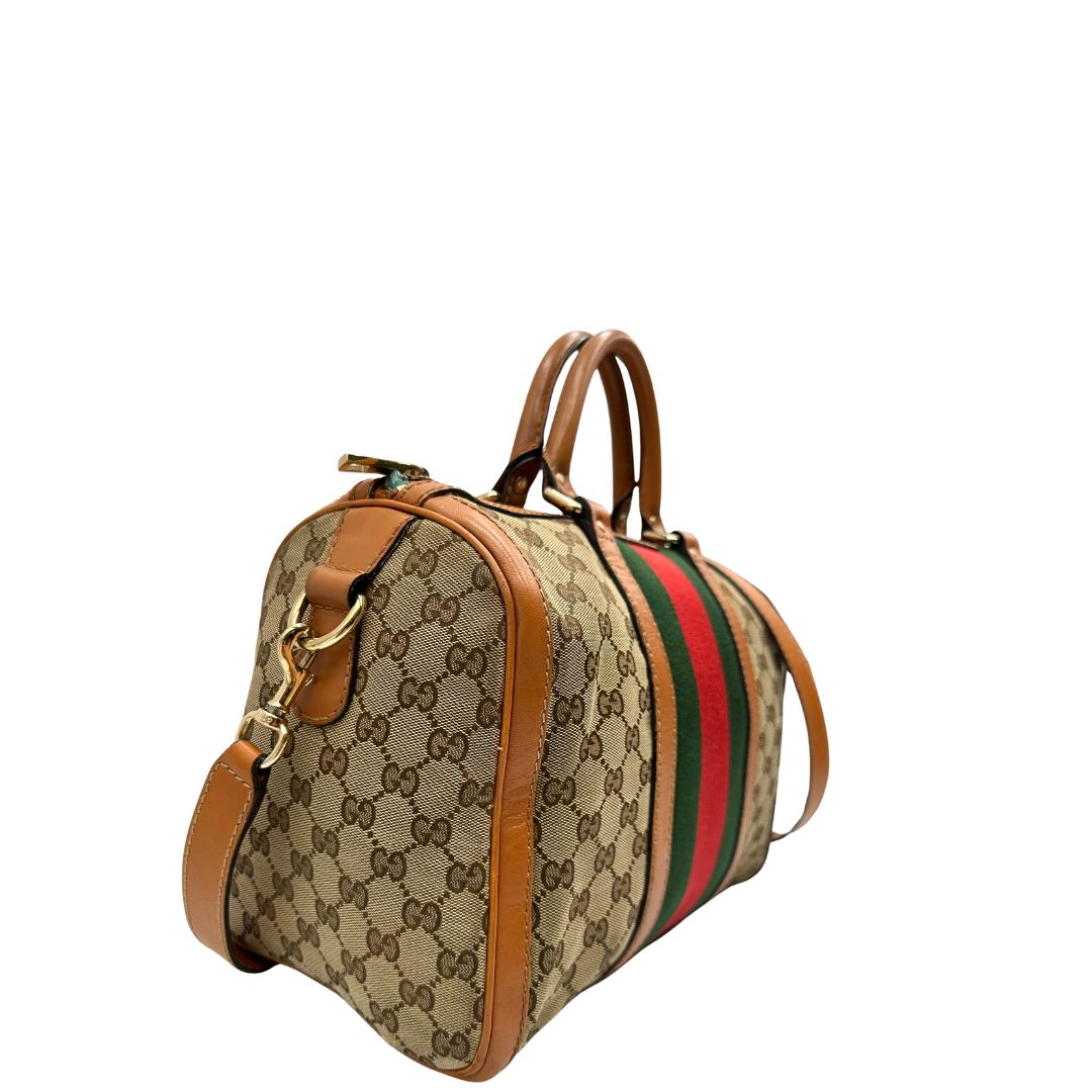 Bauletto Gucci Boston trama GG, impreziosito da striscia Web verde e rossa, di lusso, originale, discrete condizioni, usato