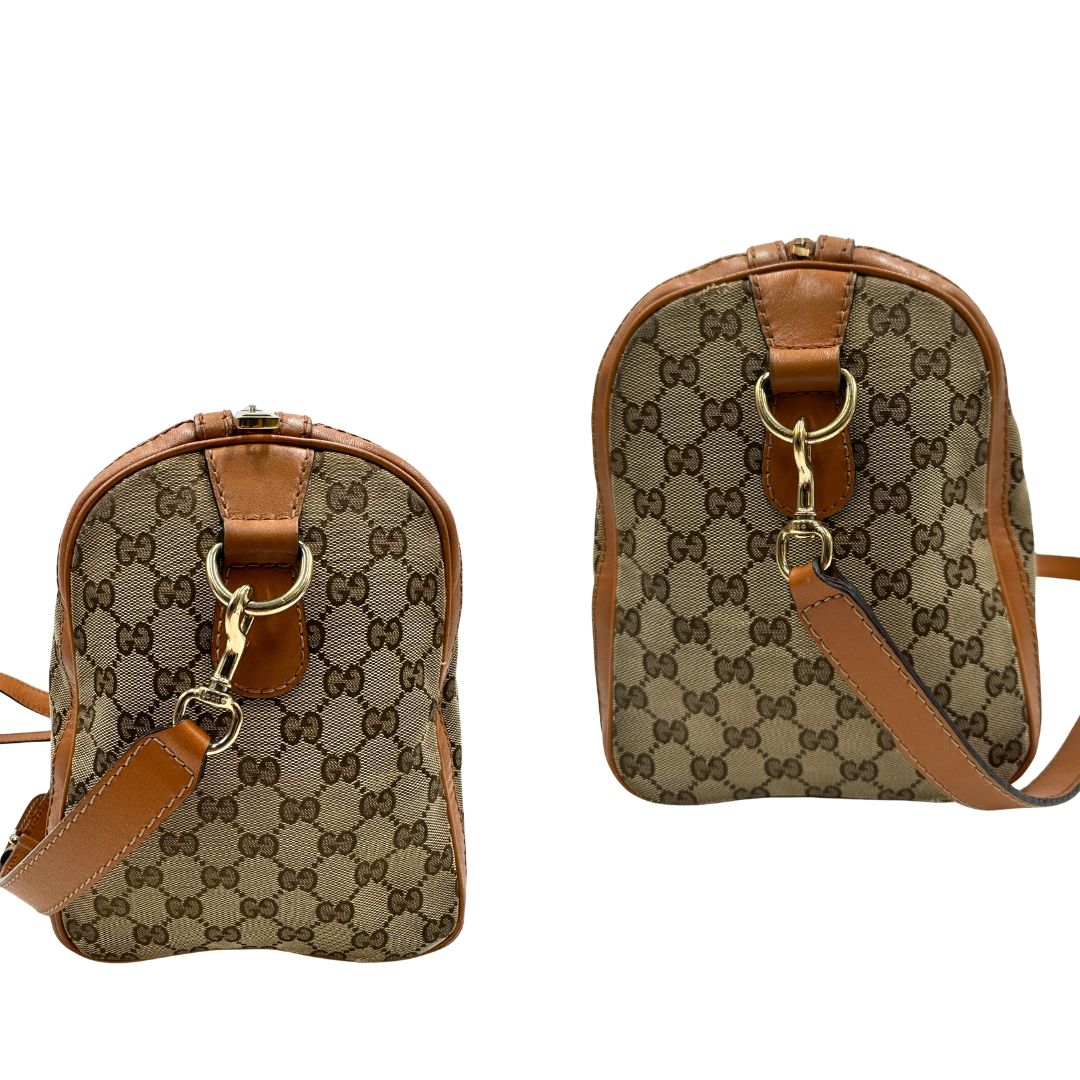 Bauletto Gucci Boston trama GG, impreziosito da striscia Web verde e rossa, di lusso, originale, discrete condizioni, usato