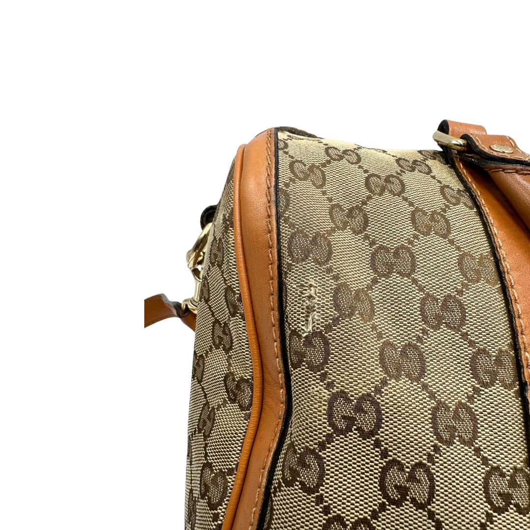 Bauletto Gucci Boston trama GG, impreziosito da striscia Web verde e rossa, di lusso, originale, discrete condizioni, usato