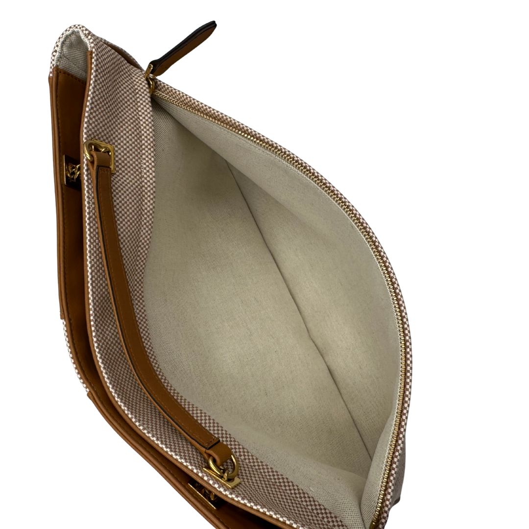 Borsa V. G. in tessuto beige e finiture in pelle marrone, indossabile a spalla e a tracolla, di lusso, originale, eccellenti condizioni