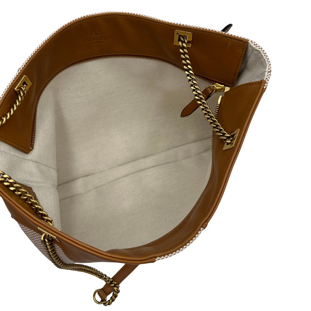 Borsa V. G. in tessuto beige e finiture in pelle marrone, indossabile a spalla e a tracolla, di lusso, originale, eccellenti condizioni
